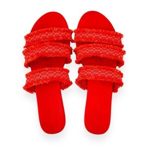 Rothy’s Red & Pink Triple Band Fringe Flat Sandals sz 10.5